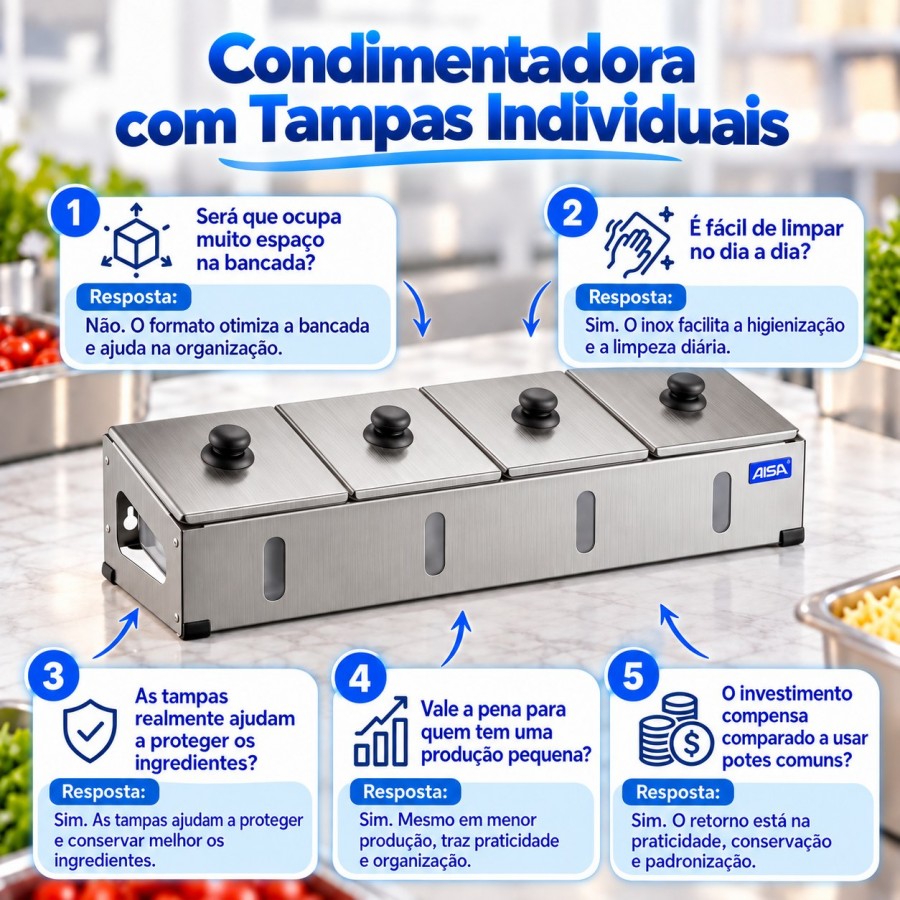 Condimentadora Pizzarola Inox 4 Cubas Acrílico Tampa Individual - Aisa